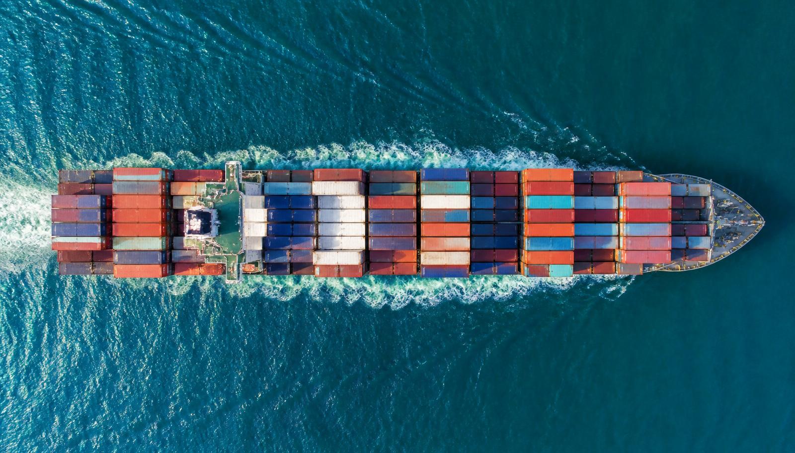 Aerial view of a container ship at sea