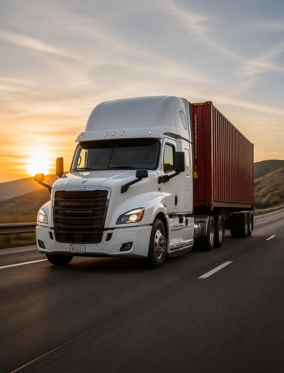 Truck hauling a container at sunset
