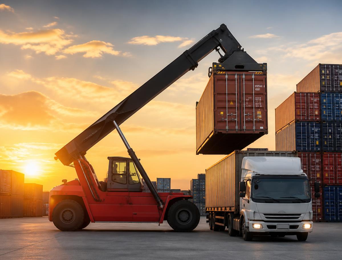 Container handler loading a truck at sunset